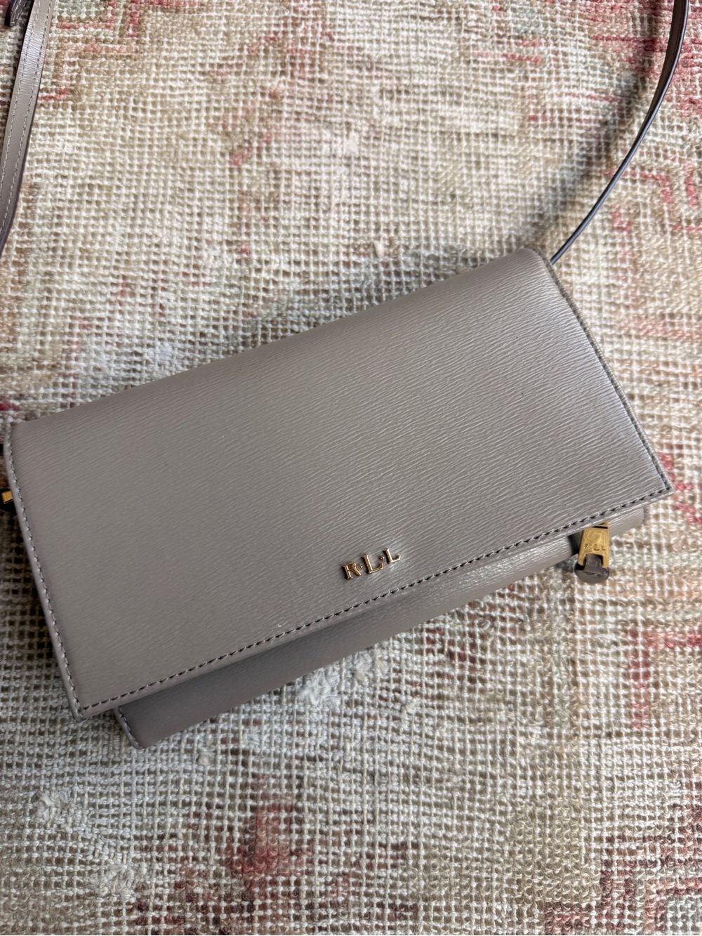 Ralph Lauren Taupe Leather Crossbody Wallet with Gold Accents